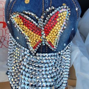 New Blue Jean Rhinestone Butterfly adjustable baseball cap